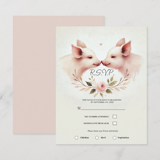 Invitación Canción de cerdos rosados para recibir RSVP floral (Anverso / Reverso)