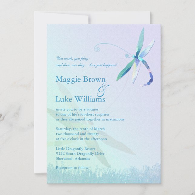Invitación Canción de Dragonfly Whimsical Blue Boda (Anverso)