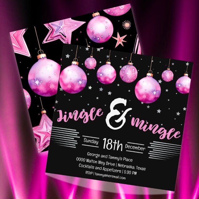 Invitación Canción de Ornamentos Dramáticos Negros y Rosa (Hot pink and a lot of drama for your Jingle and Mingle holiday party. Fully customizable )