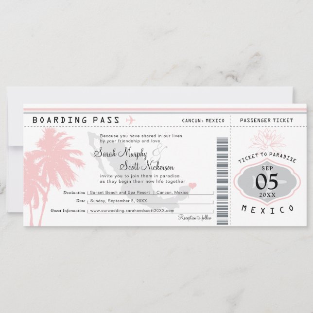 Invitación Cancun Mexico Boarding Pass Destination Wedding (Anverso)