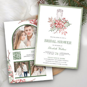 Invitación Candelabro de Navidad Poinsettia Código QR Despedi