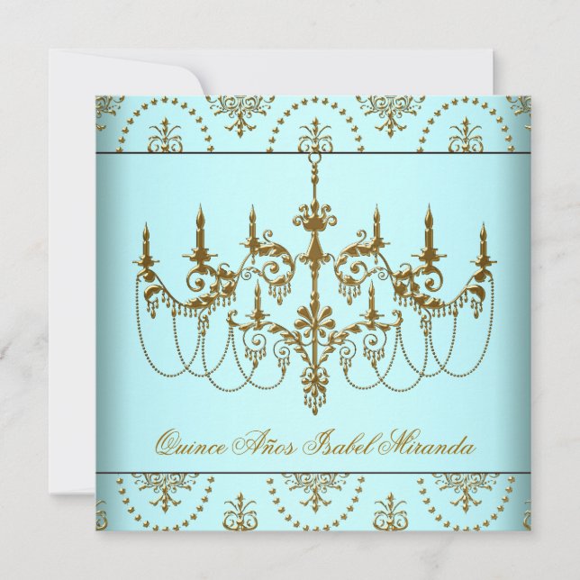 Invitación Candelabro de oro azul verde azulado Quinceanera (Anverso)