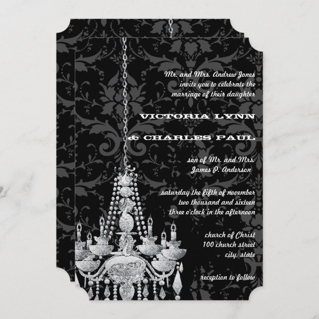 Invitación Candelabros de plata y gris Boda damástica victori (Anverso / Reverso)