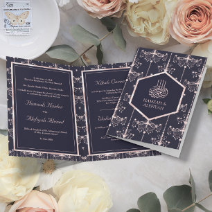 Invitación Candelabros Rosa con Rubor Azul Oscuro Boda Musulm