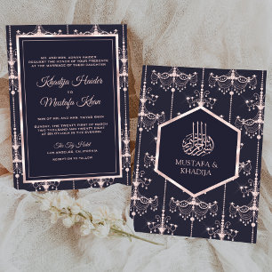 Invitación Candelabros Rosa con Rubor Azul Oscuro Boda Musulm