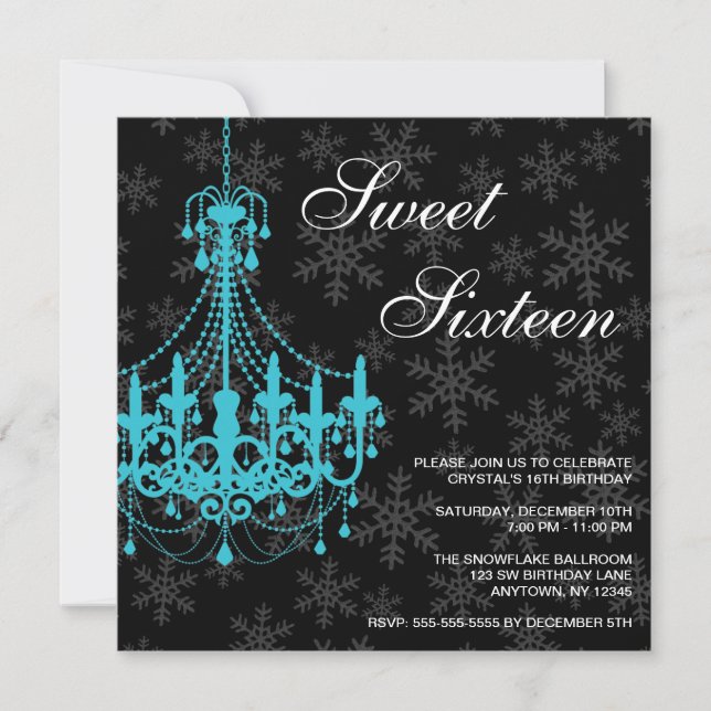 Invitación Candelero Verde azulado Copos de nieve negro dulce (Anverso)