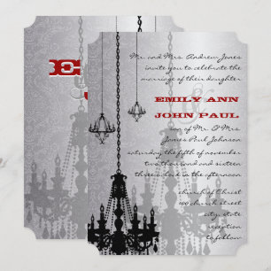 Invitación Candeleros de Damasco de Boda Plateado Rojo y Negr