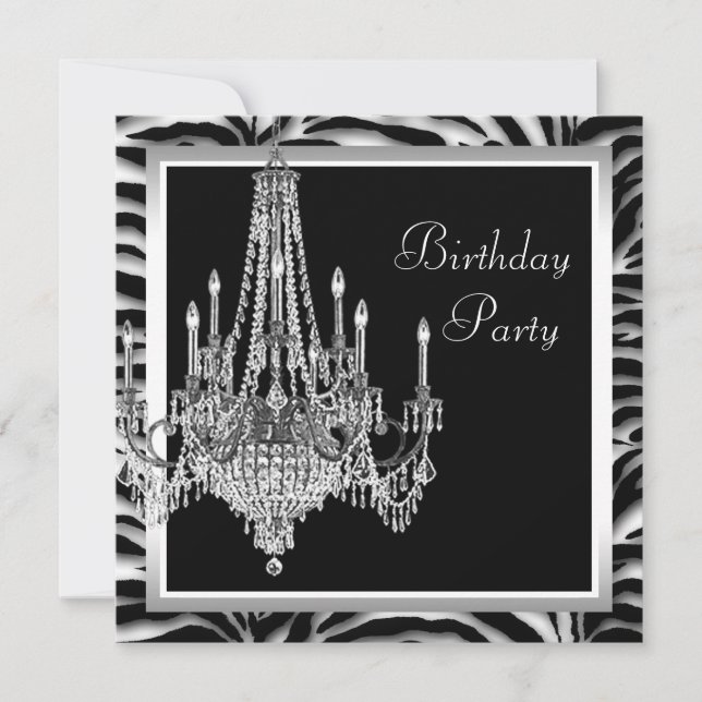 Invitación Candil Blanco Negro Fiesta de Cumpleaños Cebra (Anverso)