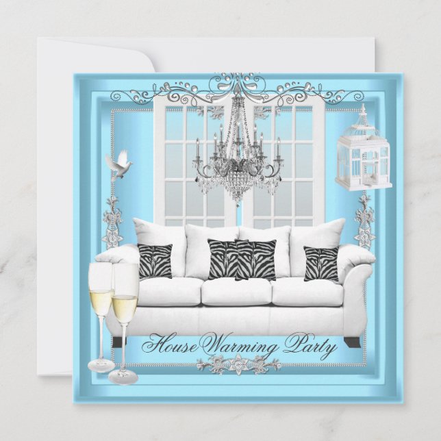 Invitación Candil de Champagne Azul Teal Blanco para Calentar (Anverso)