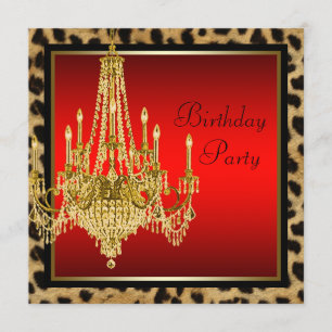 Invitación Candil de cumpleaños Black Red Leopard Gold