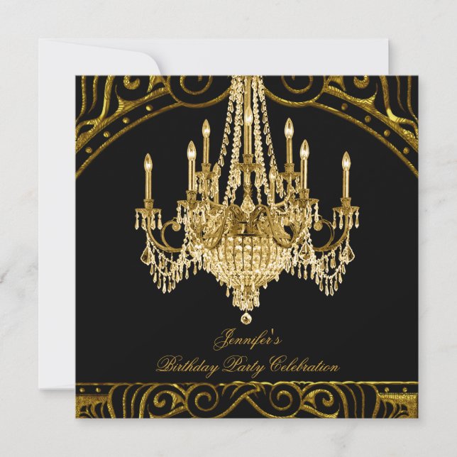 Invitación Candil de cumpleaños dorado y negro (Anverso)