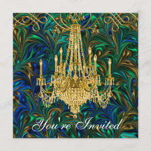 Invitación Candil de fiesta esmeralda verde azul real dorado