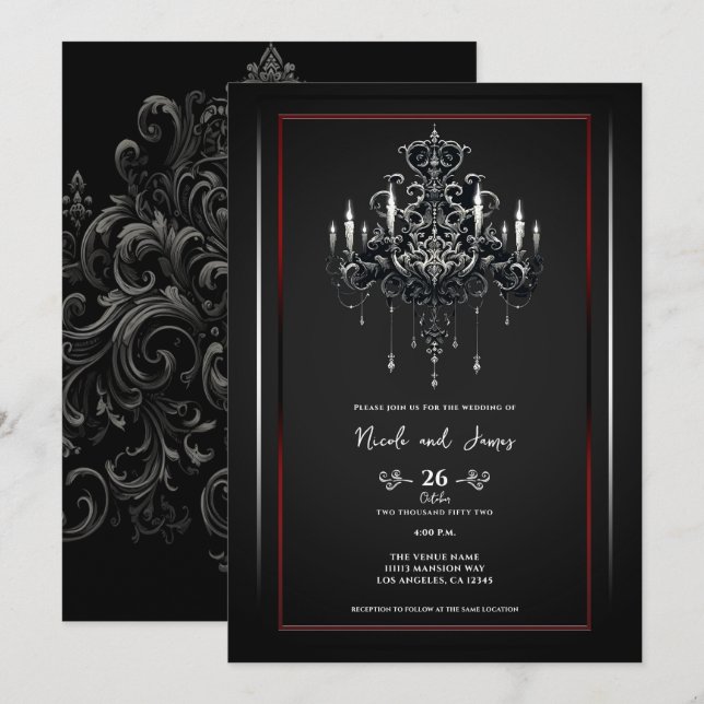 Invitación Candil gris negro rojo espeluznante Boda gótica (Anverso / Reverso)