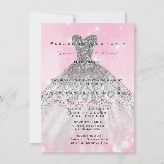 Invitación Candy 16ª Purpurina de Vestido Rosa (Anverso)