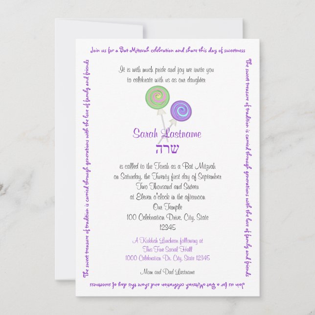Invitación Candy Bat Mitzvah Lavender (Anverso)