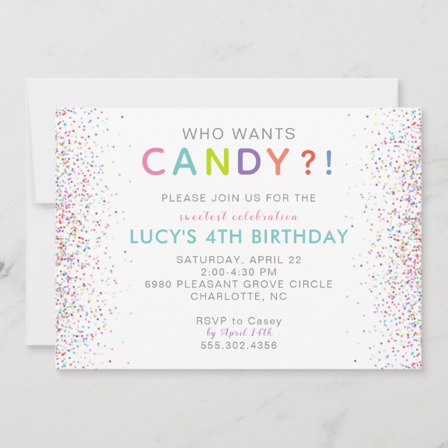 Invitación Candy Birthday Invitación, ¡¿Quién quiere Candy?! (Anverso)