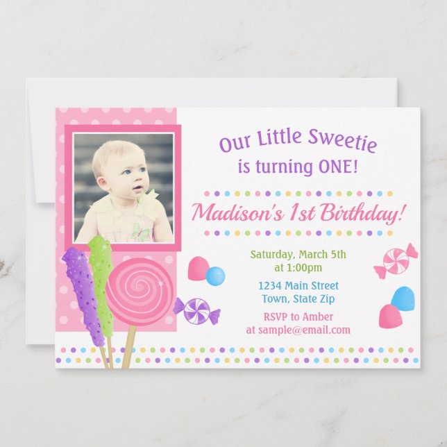 Invitación Candy Birthday Invitation Candyland primer cumplea (Anverso)