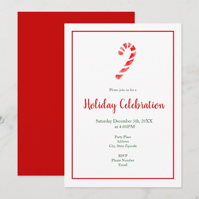 Invitación Candy Cane de color de agua (Anverso / Reverso)