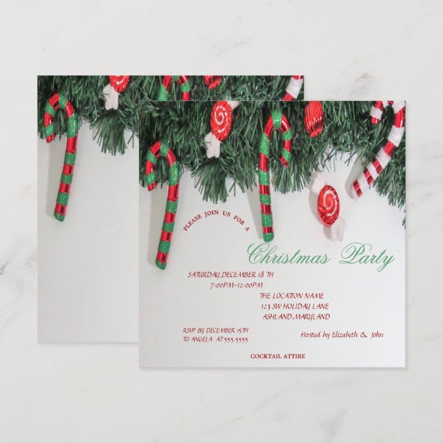 Invitación Candy Cane, Fiesta de Navidades de pino (Anverso / Reverso)