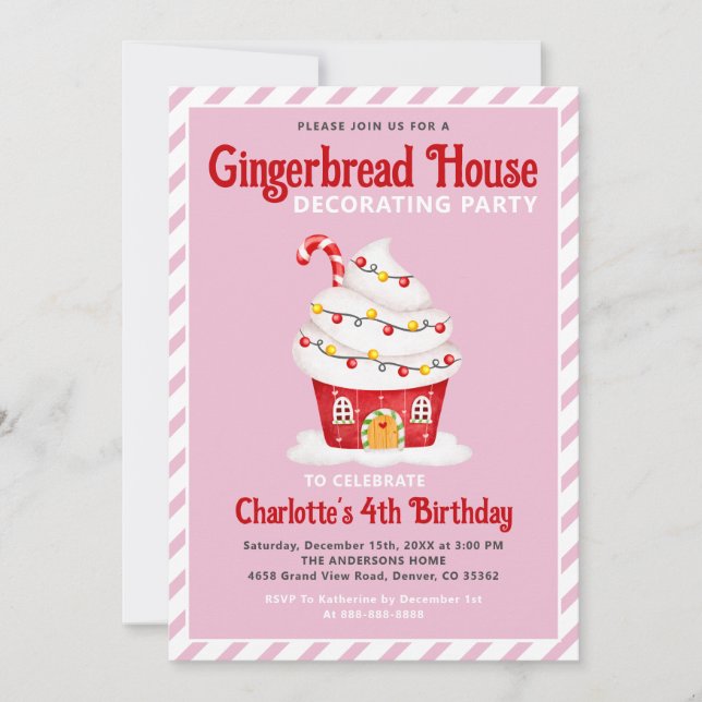 Invitación Candy Cane Pink Cumpleaños de la Casa Cute Gingerb (Anverso)