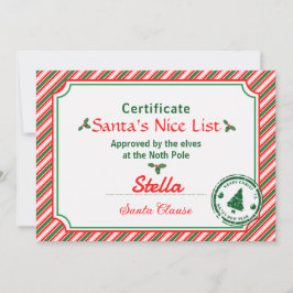 Invitación Candy Cane Santa's Nice List Certificate Christmas