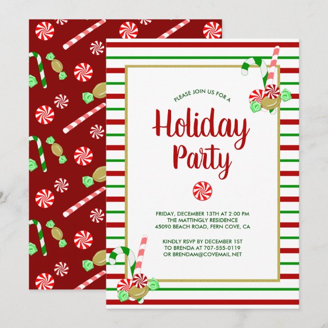 Invitación Candy Canes Peppermint Stripes Cuesta Fiesta (Anverso / Reverso)