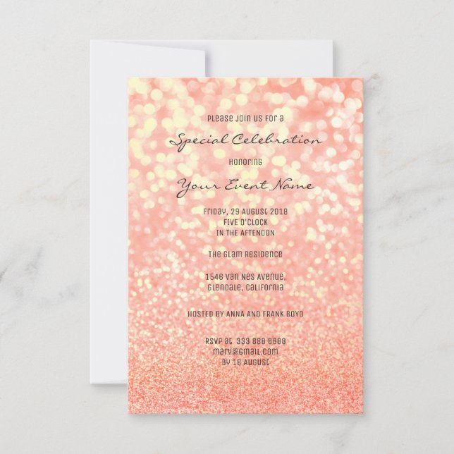 Invitación Candy Coral Gold Purpurina Champaign Foxier Sparkl (Anverso)