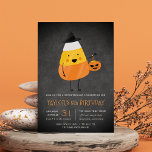 Invitación Candy Corn Halloween Birthday Party<br><div class="desc">Adorable Halloween birthday party invitations are perfect for your little one's spooky birthday celebration! Cute design features a smiling watercolor candy corn illustration sporting a witch's hat and carrying a pumpkin shaped trick or treat bucket. Personalize with your Halloween birthday party details beneath in orange and white lettering on a...</div>