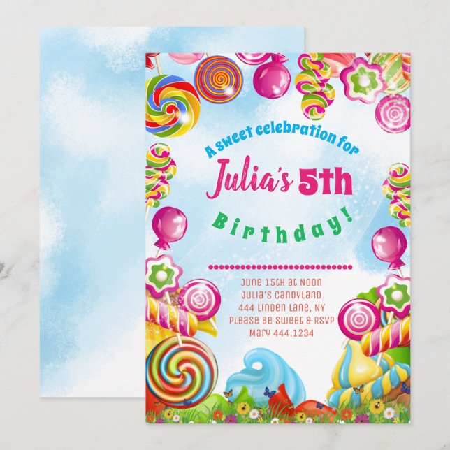Invitación Candy Dreams Birthday Party (Anverso / Reverso)