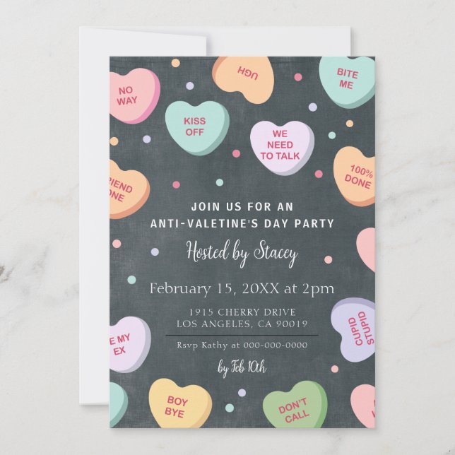 Invitación Candy Hearts Anti-El día de San Valentín Party Inv (Anverso)