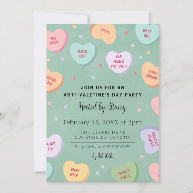 Invitación Candy Hearts Anti-El día de San Valentín Party Inv (Anverso)