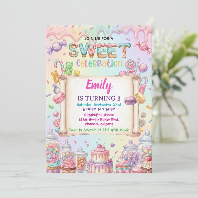 Invitación Candy Land Girl Birthday Sweet Celebration Rainbow (Anverso de pie)