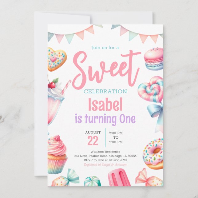 Invitación Candy Land Sweet Birthday (Anverso)