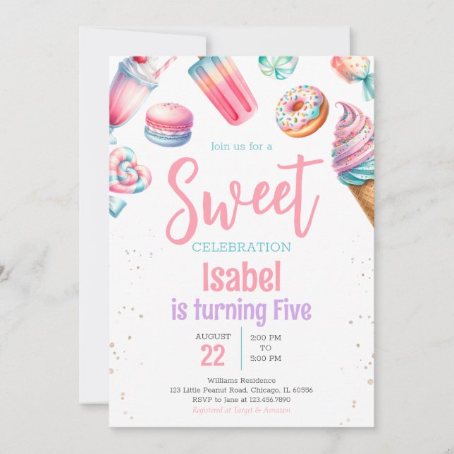 Invitación Candy Land Sweet Birthday (Anverso)