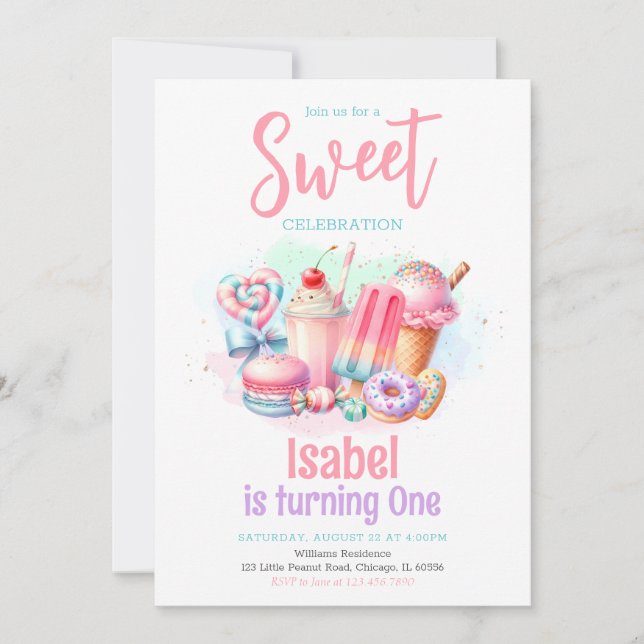 Invitación Candy Land Sweet Birthday (Anverso)