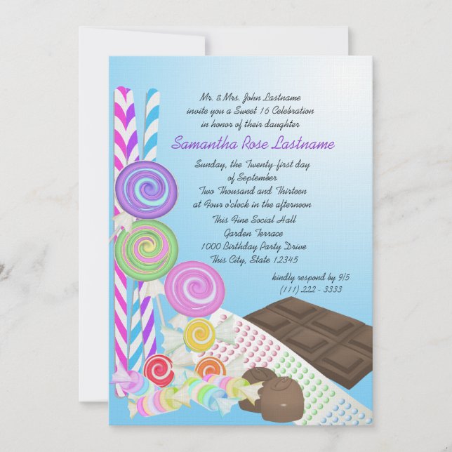 Invitación Candy Shoppe Dulce Dieciséis Cumpleaños (Anverso)