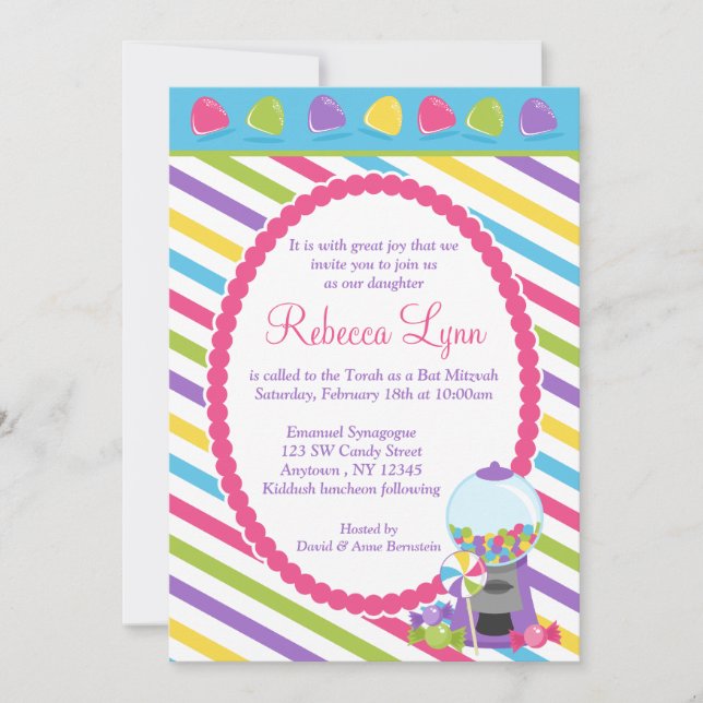 Invitación Candy Stripes Bat Mitzvah (Anverso)