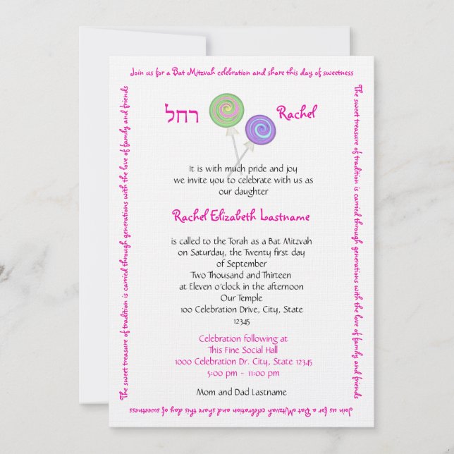 Invitación Candy Treasures Bat Mitzvah (Anverso)
