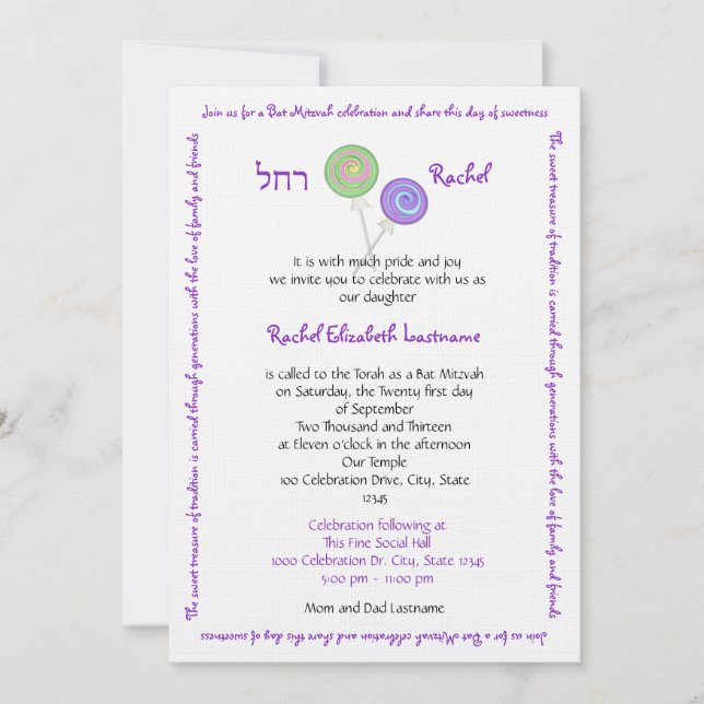 Invitación Candy Treasures Bat Mitzvah (Anverso)