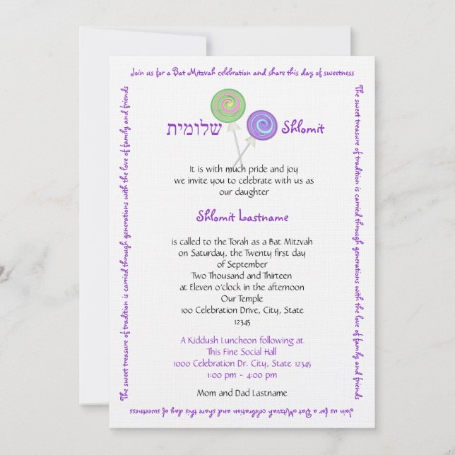 Invitación Candy Treasures Bat Mitzvah (Anverso)