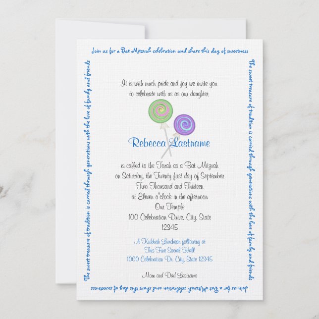 Invitación Candy Treasures Bat Mitzvah Blue (Anverso)