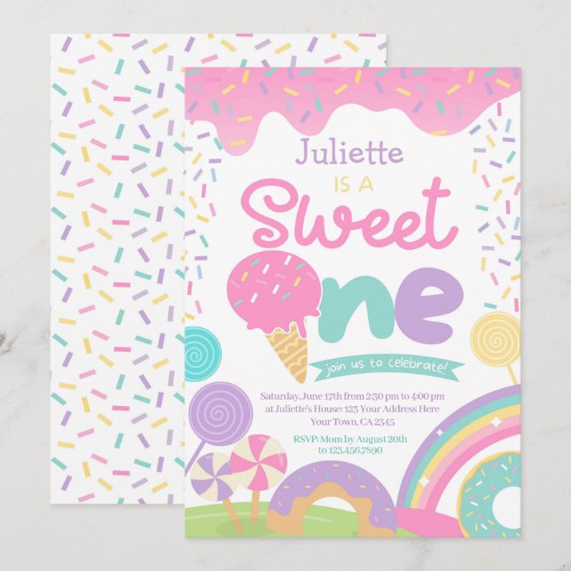 Invitación Candyland and Ice Cream 1st Birthday (Anverso / Reverso)