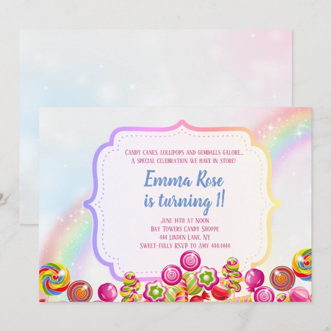Invitación Candyland candy fiesta de cumpleaños (Anverso / Reverso)