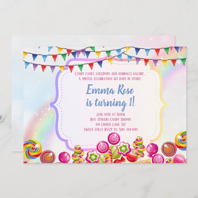 Invitación Candyland candy fiesta de cumpleaños (Anverso / Reverso)