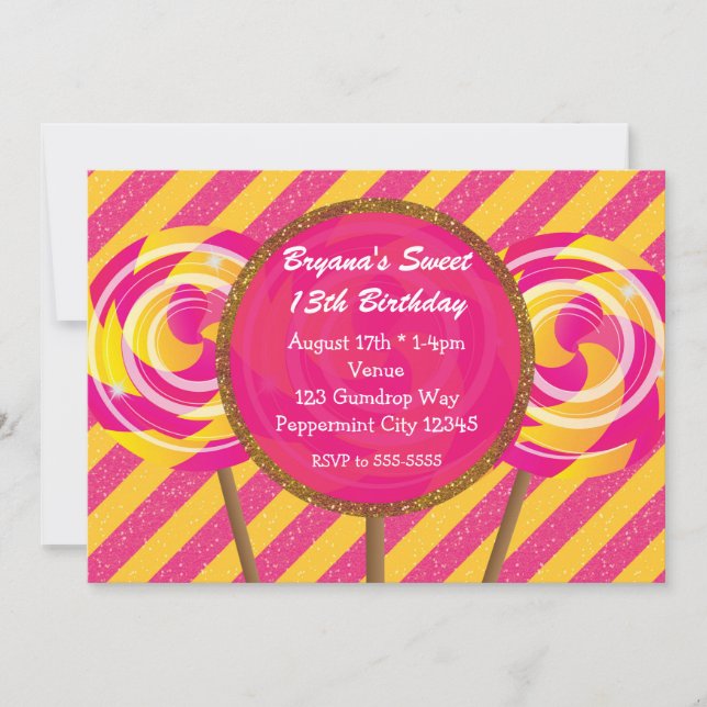 Invitación Candyland Pink & Yellow Lollipops fiesta de cumple (Anverso)