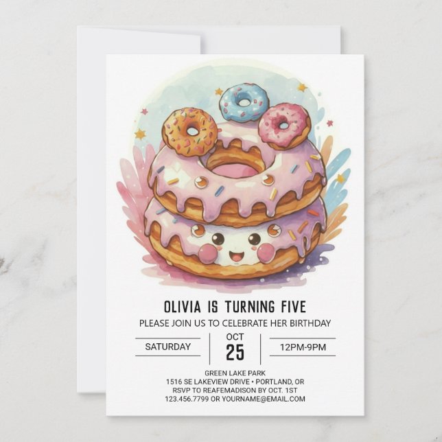 Invitación Candyland salpicó Donuts Cumpleaños (Anverso)