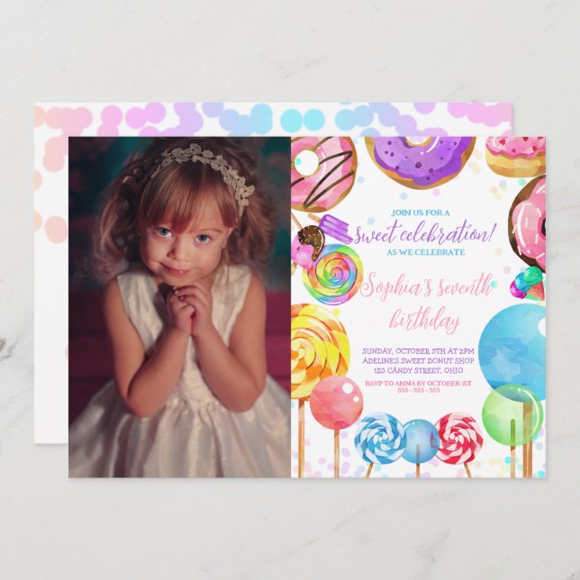 Invitación Candyland Sweet Celebration Chica Cute Picture (Anverso / Reverso)