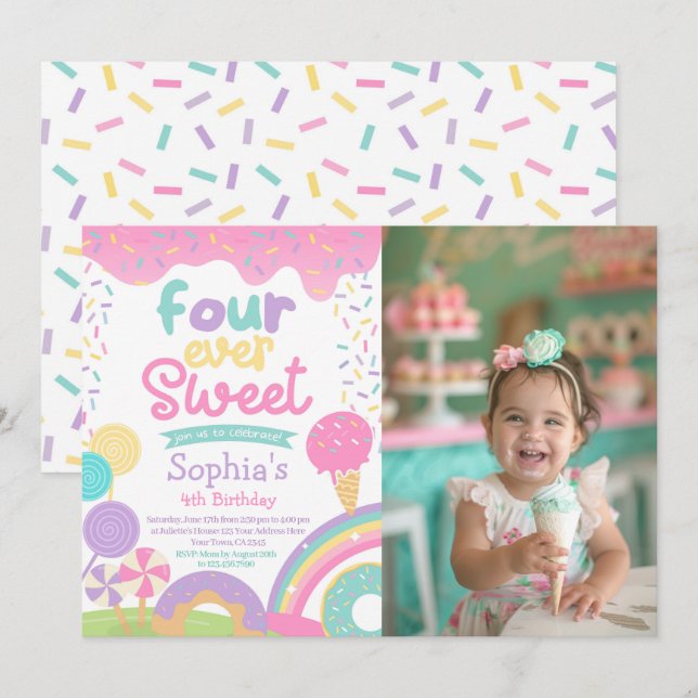 Invitación Candyland y helado cuatro días de cumpleaños (Anverso / Reverso)