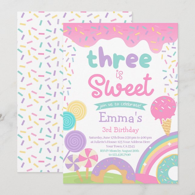 Invitación Candyland y helado, dos dulces cumpleaños (Anverso / Reverso)