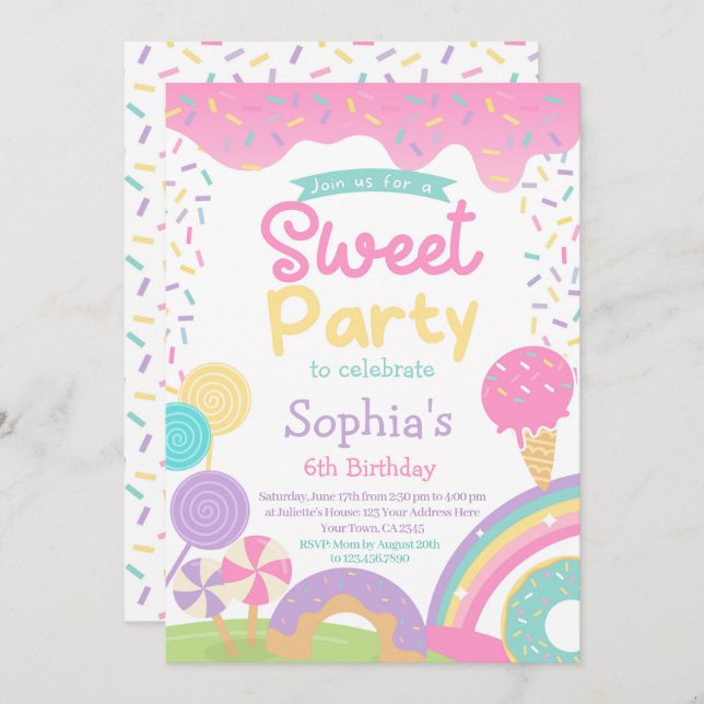 Invitación Candyland y helado totalmente personalizables (Anverso / Reverso)